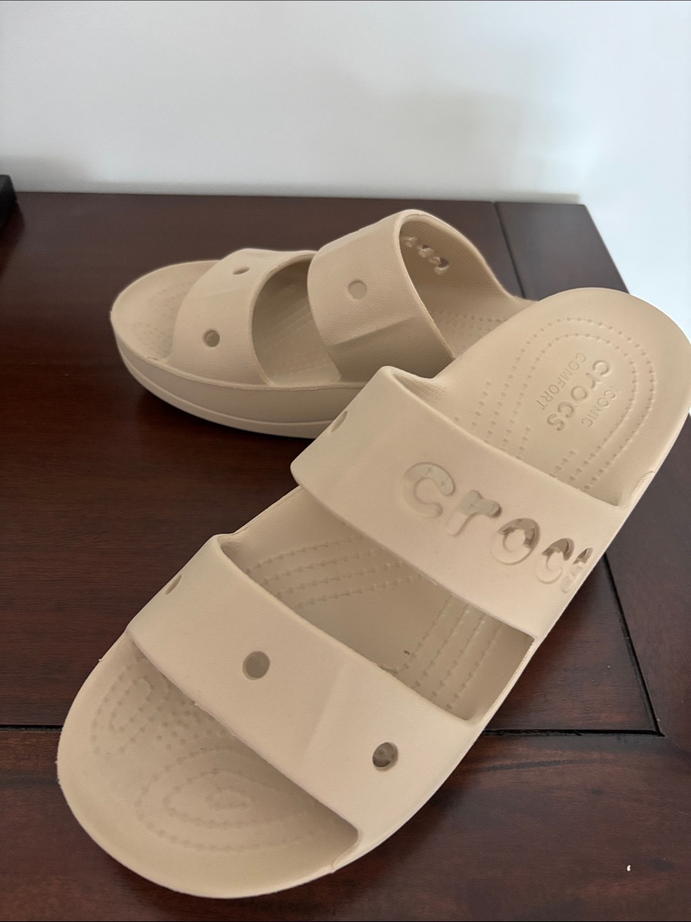 CROCS Dual-Strap Slide Sandals in Light Beige